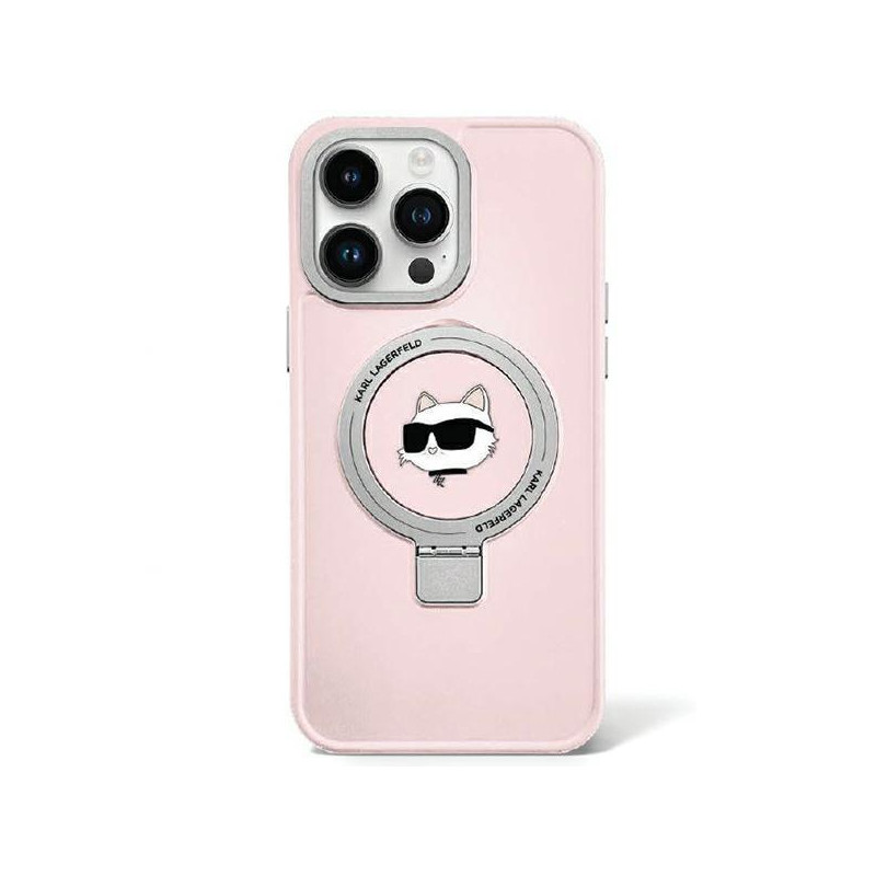 Karl Lagerfeld Ring Stand Choupette Head MagSafe dėklas iPhone 15 Pro - rožinis