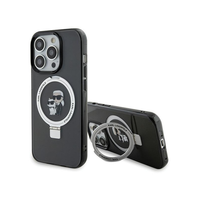 Karl Lagerfeld Ring Stand Karl&Choupette MagSafe dėklas iPhone 15 Pro - juodas Karl Lagerfeld Ring Stand Karl&Choupette MagSafe dėklas iPhone 15 Pro - juodas