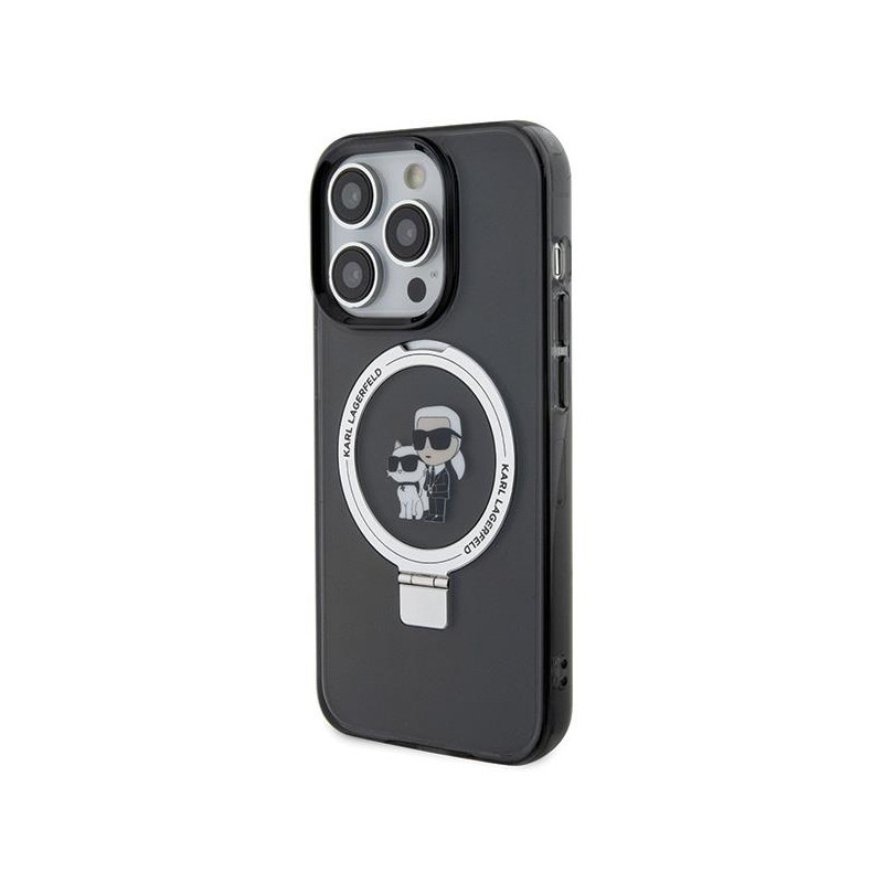 Karl Lagerfeld Ring Stand Karl&Choupette MagSafe dėklas iPhone 15 Pro - juodas