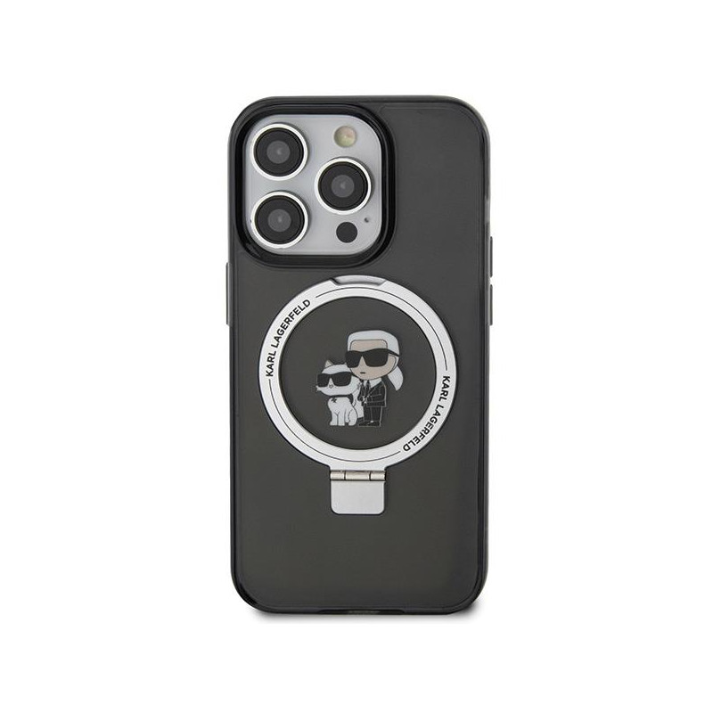 Karl Lagerfeld Ring Stand Karl&Choupette MagSafe dėklas iPhone 15 Pro - juodas