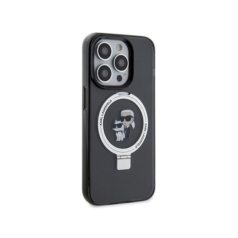 Karl Lagerfeld Ring Stand Karl&Choupette MagSafe dėklas iPhone 15 Pro - juodas