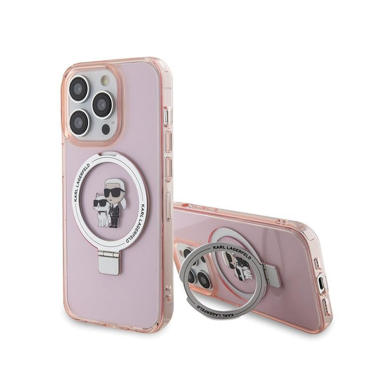 Karl Lagerfeld Ring Stand Karl&Choupette MagSafe dėklas iPhone 15 Pro - rožinis