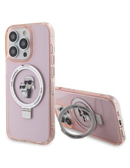Karl Lagerfeld Ring Stand Karl&Choupette MagSafe dėklas iPhone 15 Pro - rožinis Karl Lagerfeld Ring Stand Karl&Choupette MagSafe dėklas iPhone 15 Pro - rožinis