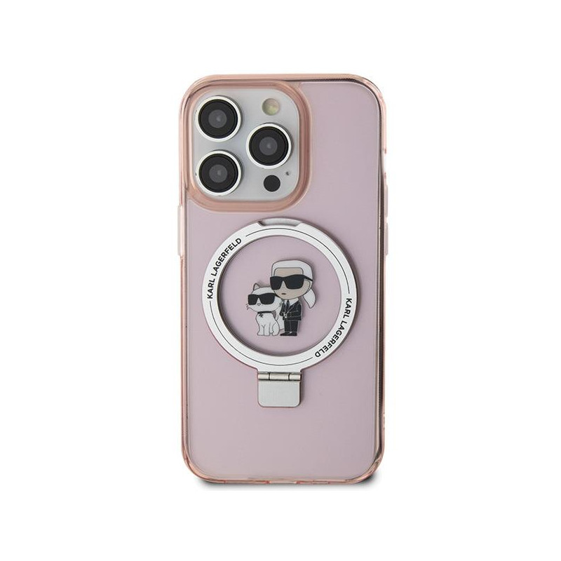 Karl Lagerfeld Ring Stand Karl&Choupette MagSafe dėklas iPhone 15 Pro - rožinis