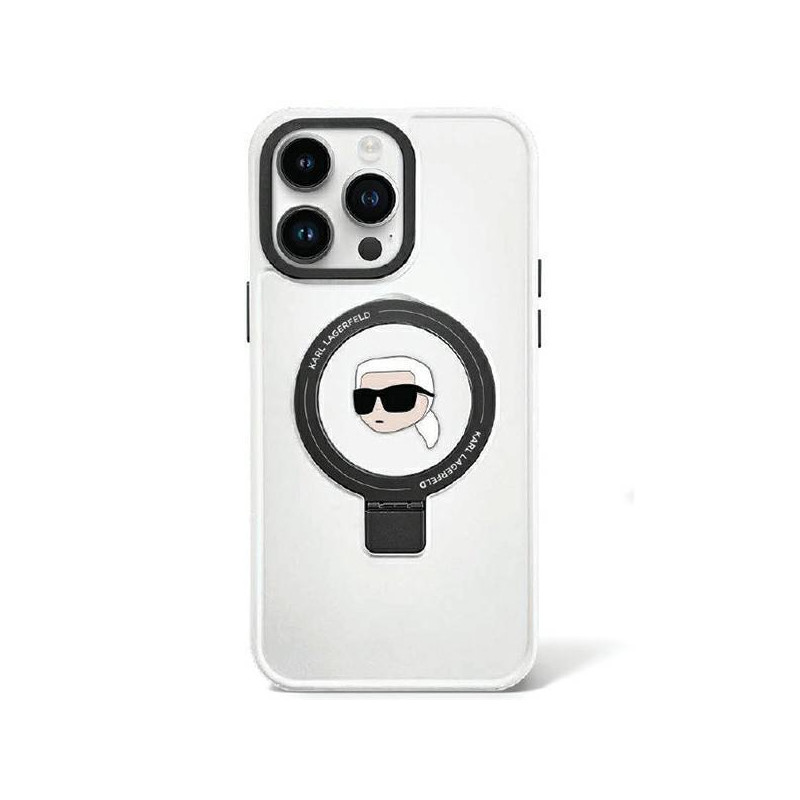 Karl Lagerfeld žiedinis stovas Karl Head MagSafe dėklas iPhone 15 Pro - baltas Karl Lagerfeld žiedinis stovas Karl Head MagSafe dėklas iPhone 15 Pro - baltas