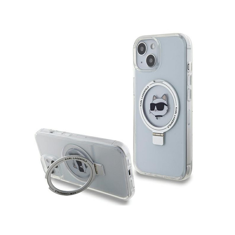 Karl Lagerfeld Ring Stand Choupette Head MagSafe dėklas iPhone 15 - baltas Karl Lagerfeld Ring Stand Choupette Head MagSafe dėklas iPhone 15 - baltas