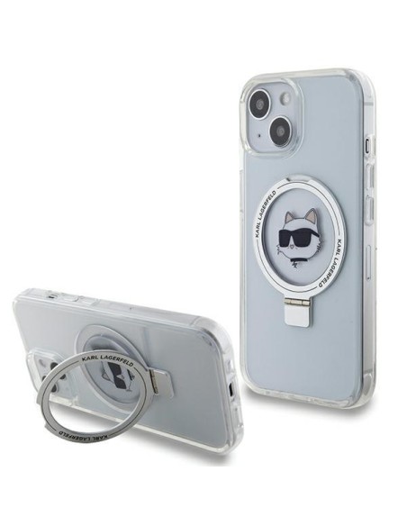 Karl Lagerfeld Ring Stand Choupette Head MagSafe dėklas iPhone 15 - baltas Karl Lagerfeld Ring Stand Choupette Head MagSafe dėklas iPhone 15 - baltas