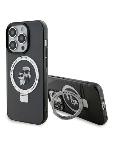 Karl Lagerfeld žiedinis stovas Karl&Choupette MagSafe dėklas skirtas iPhone 15 Pro Max - juodas Karl Lagerfeld žiedinis stovas Karl&Choupette MagSafe dėklas skirtas iPhone 15 Pro Max - juodas