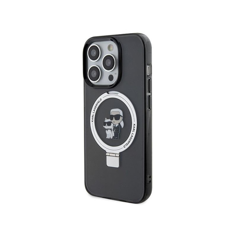 Karl Lagerfeld žiedinis stovas Karl&Choupette MagSafe dėklas skirtas iPhone 15 Pro Max - juodas