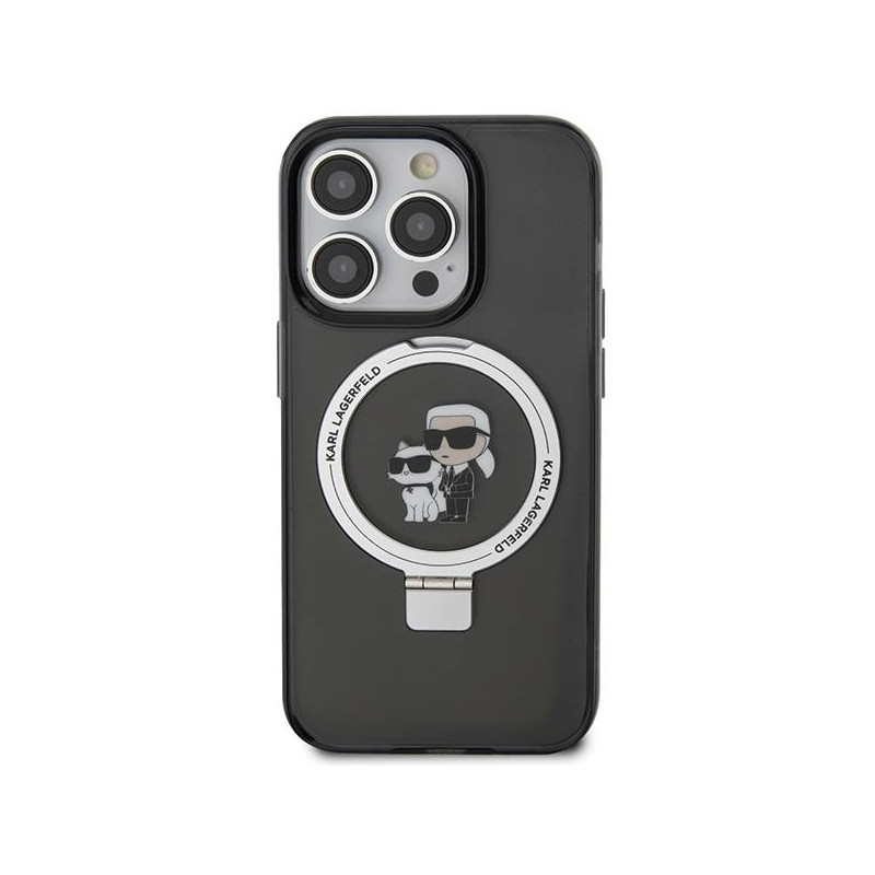 Karl Lagerfeld žiedinis stovas Karl&Choupette MagSafe dėklas skirtas iPhone 15 Pro Max - juodas