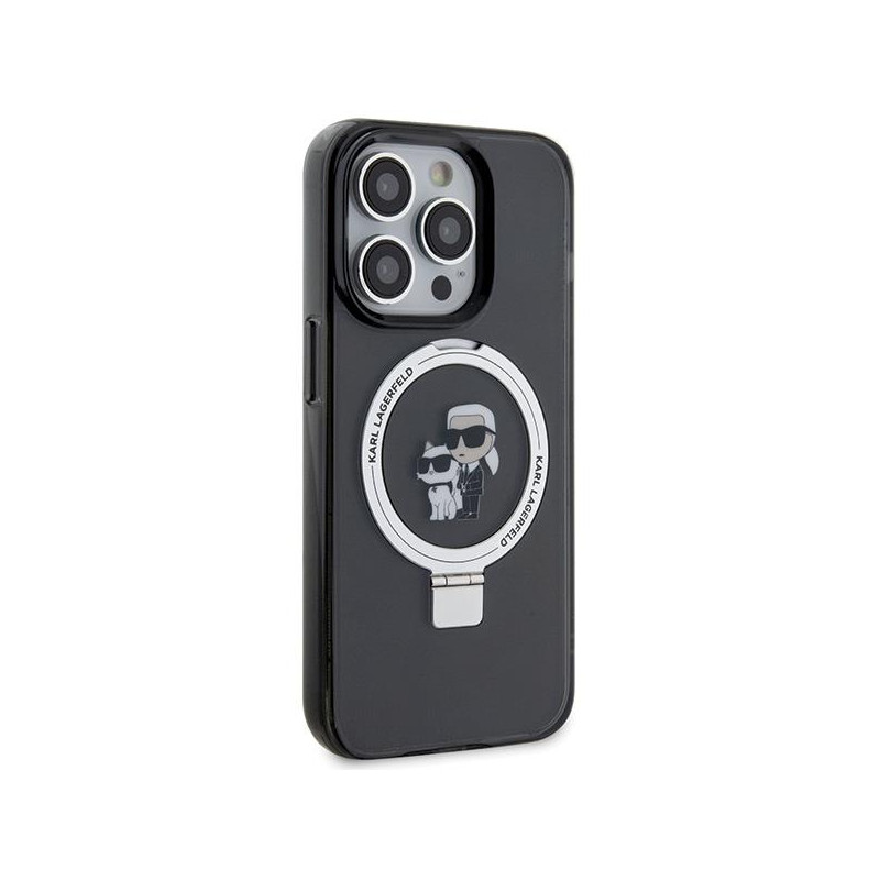 Karl Lagerfeld žiedinis stovas Karl&Choupette MagSafe dėklas skirtas iPhone 15 Pro Max - juodas