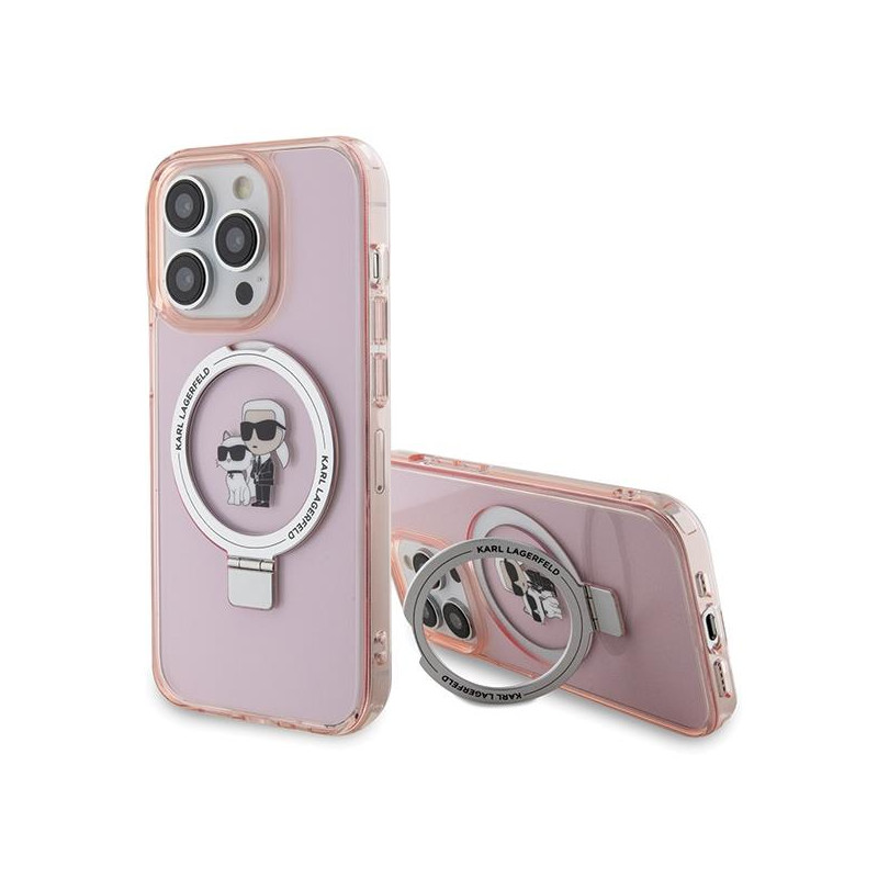 Karl Lagerfeld žiedinis stovas Karl&Choupette MagSafe dėklas iPhone 15 Pro Max - rožinis
