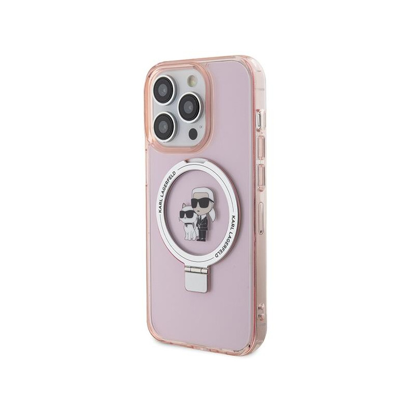 Karl Lagerfeld žiedinis stovas Karl&Choupette MagSafe dėklas iPhone 15 Pro Max - rožinis