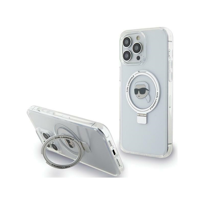 Karl Lagerfeld Ring Stand Karl Head MagSafe dėklas iPhone 15 Pro Max - baltas