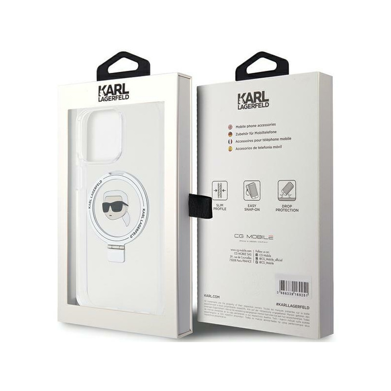 Karl Lagerfeld Ring Stand Karl Head MagSafe dėklas iPhone 15 Pro Max - baltas
