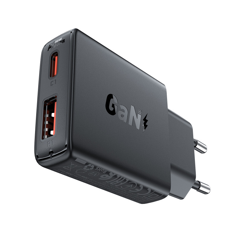 Acefast A69 PD 30W GaN USB-A USB-C sieninis įkroviklis - juodas