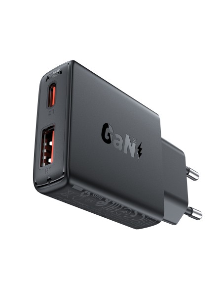 Acefast A69 PD 30W GaN USB-A USB-C sieninis įkroviklis - juodas Acefast A69 PD 30W GaN USB-A USB-C sieninis įkroviklis - juodas