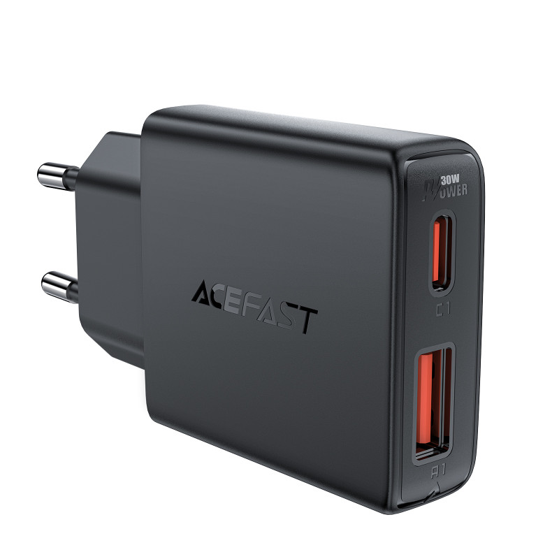Acefast A69 PD 30W GaN USB-A USB-C sieninis įkroviklis - juodas