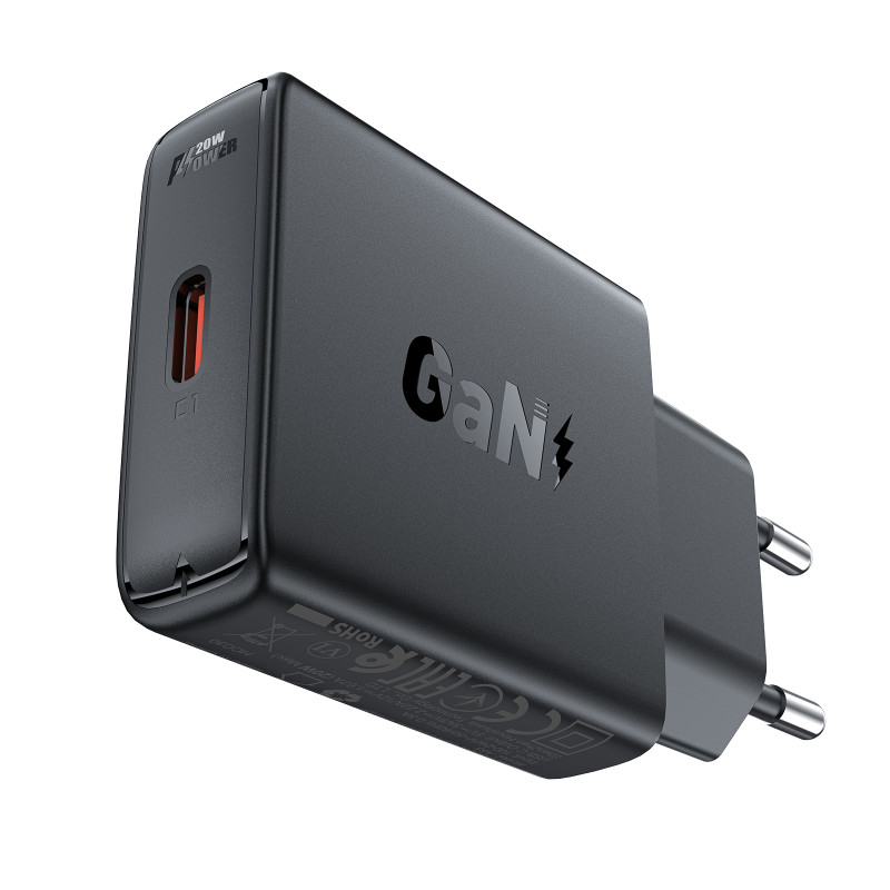 Acefast A65 PD 20W GaN USB-C sieninis įkroviklis - juodas