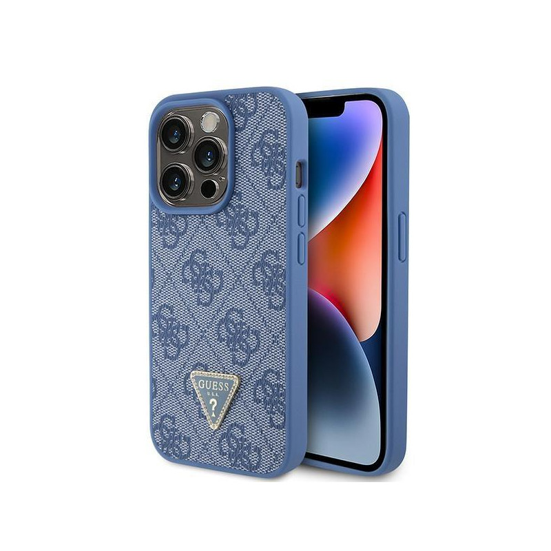 Etui Guess Leather 4G Triangle Strass do iPhone 15 Pro - niebieskie