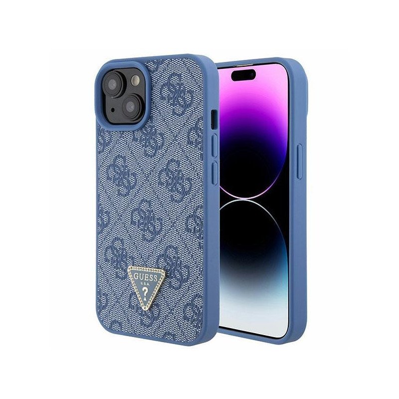 Etui Guess Leather 4G Triangle Strass do iPhone 15 - niebieskie