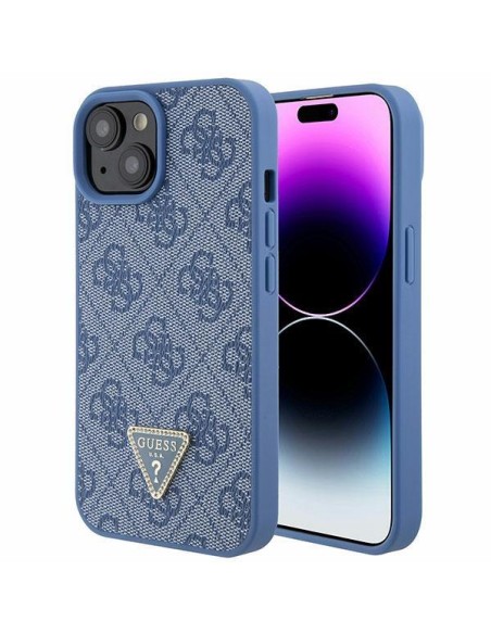 Etui Guess Leather 4G Triangle Strass do iPhone 15 - niebieskie