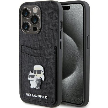Etui Karl Lagerfeld Saffiano Cardslot Karl&Choupette Metal Pin do iPhone 15 Pro - czarne Etui Karl Lagerfeld Saffiano Cardslot Karl&Choupette Metal Pin do iPhone 15 Pro - czarne