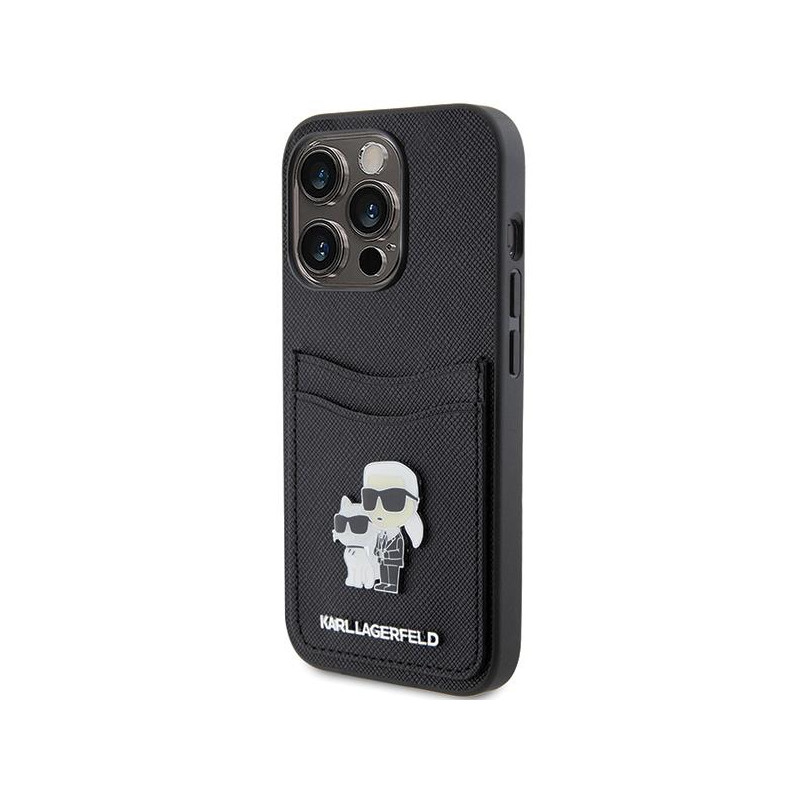 Etui Karl Lagerfeld Saffiano Cardslot Karl&Choupette Metal Pin do iPhone 15 Pro - czarne