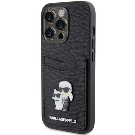 Etui Karl Lagerfeld Saffiano Cardslot Karl&Choupette Metal Pin do iPhone 15 Pro - czarne Etui Karl Lagerfeld Saffiano Cardslot Karl&Choupette Metal Pin do iPhone 15 Pro - czarne