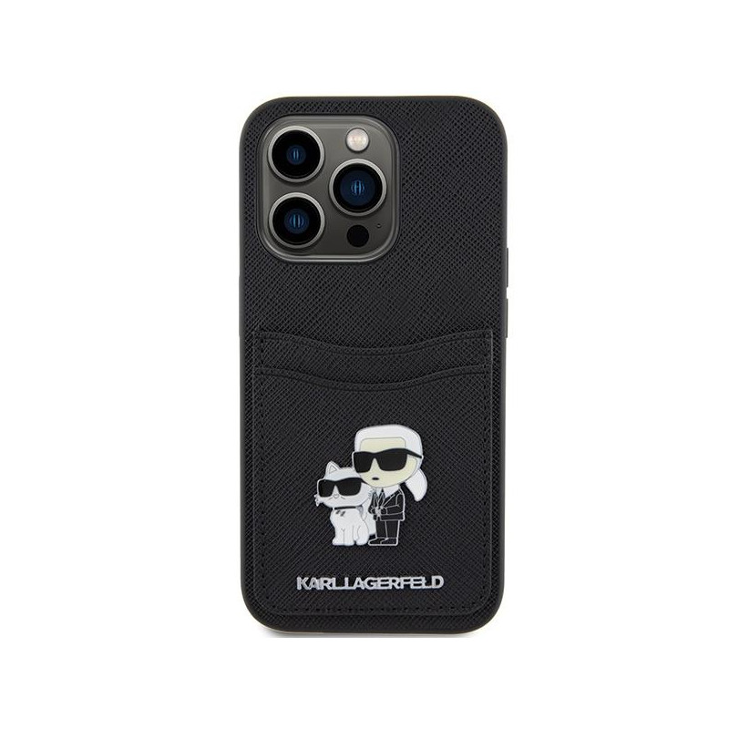 Etui Karl Lagerfeld Saffiano Cardslot Karl&Choupette Metal Pin do iPhone 15 Pro - czarne