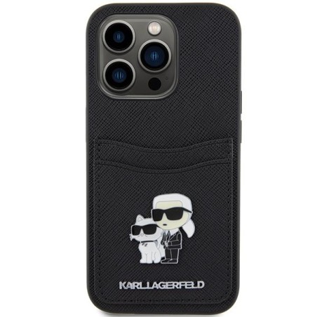 Etui Karl Lagerfeld Saffiano Cardslot Karl&Choupette Metal Pin do iPhone 15 Pro - czarne Etui Karl Lagerfeld Saffiano Cardslot Karl&Choupette Metal Pin do iPhone 15 Pro - czarne