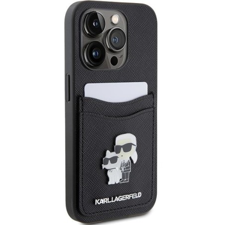 Etui Karl Lagerfeld Saffiano Cardslot Karl&Choupette Metal Pin do iPhone 15 Pro - czarne Etui Karl Lagerfeld Saffiano Cardslot Karl&Choupette Metal Pin do iPhone 15 Pro - czarne
