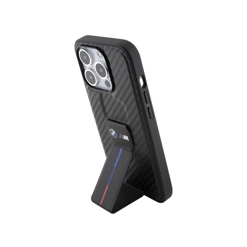 Etui BMW Grip Stand Smooth & Carbon na iPhone 15 Pro - czarne