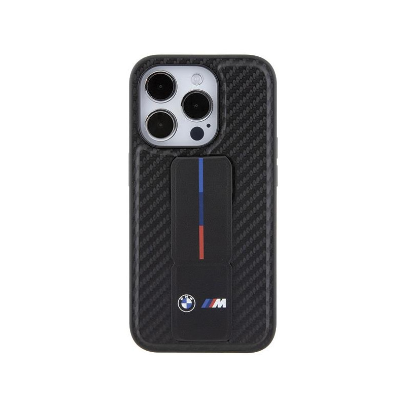 Etui BMW Grip Stand Smooth & Carbon na iPhone 15 Pro - czarne