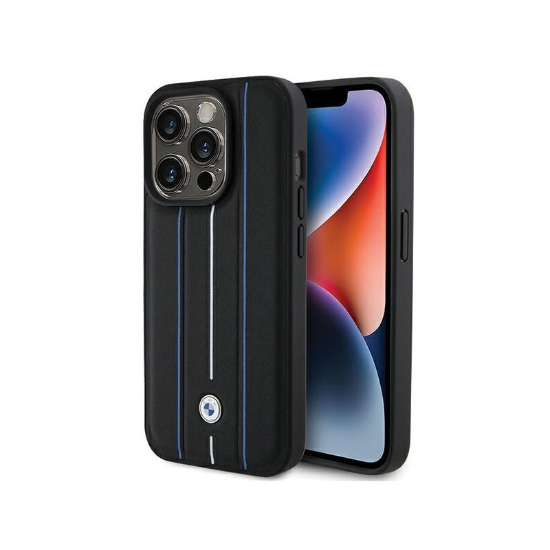 Etui BMW Leather Stamp Blue Lines na iPhone 15 Pro Max - czarne Etui BMW Leather Stamp Blue Lines na iPhone 15 Pro Max - czarne