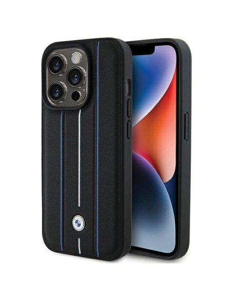 Etui BMW Leather Stamp Blue Lines na iPhone 15 Pro Max - czarne Etui BMW Leather Stamp Blue Lines na iPhone 15 Pro Max - czarne