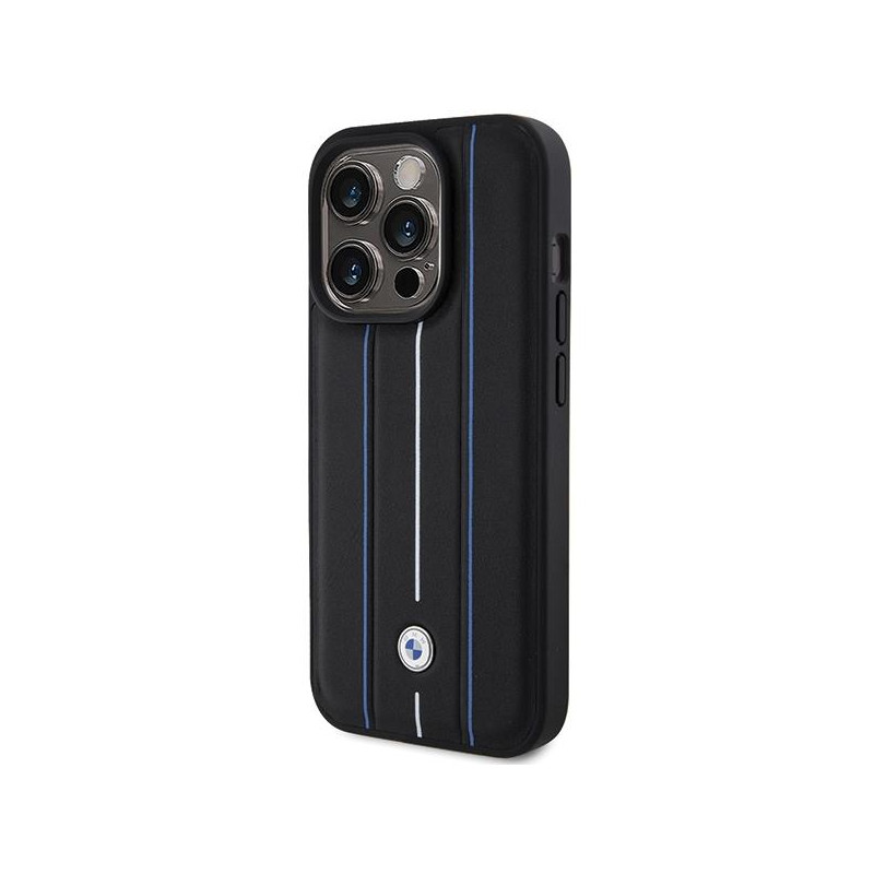 Etui BMW Leather Stamp Blue Lines na iPhone 15 Pro Max - czarne