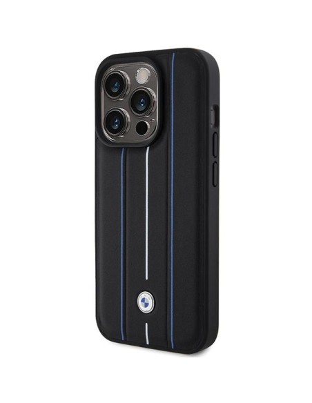 Etui BMW Leather Stamp Blue Lines na iPhone 15 Pro Max - czarne Etui BMW Leather Stamp Blue Lines na iPhone 15 Pro Max - czarne