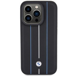 Etui BMW Leather Stamp Blue Lines na iPhone 15 Pro Max - czarne