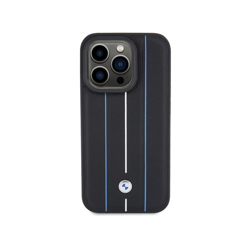 Etui BMW Leather Stamp Blue Lines na iPhone 15 Pro Max - czarne