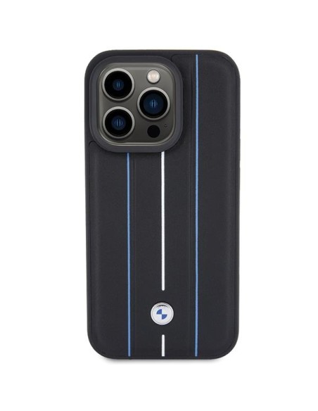 Etui BMW Leather Stamp Blue Lines na iPhone 15 Pro Max - czarne Etui BMW Leather Stamp Blue Lines na iPhone 15 Pro Max - czarne
