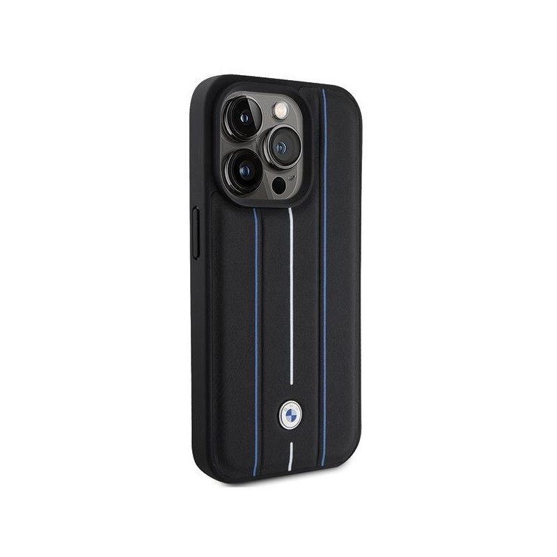 Etui BMW Leather Stamp Blue Lines na iPhone 15 Pro Max - czarne