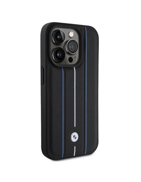 Etui BMW Leather Stamp Blue Lines na iPhone 15 Pro Max - czarne Etui BMW Leather Stamp Blue Lines na iPhone 15 Pro Max - czarne