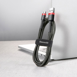 Patvarus lankstus kabelis USB microUSB kabelis QC3.0 2.4A 1M juodos ir raudonos spalvos