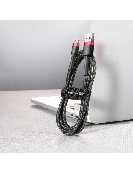 Patvarus lankstus kabelis USB microUSB kabelis QC3.0 2.4A 1M juodos ir raudonos spalvos