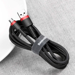 Patvarus lankstus kabelis USB microUSB kabelis QC3.0 2.4A 1M juodos ir raudonos spalvos
