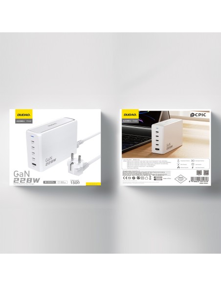 Ładowarka Dudao A228EU GaN 1x USB-A 4x USB-C PD 228W - biała Ładowarka Dudao A228EU GaN 1x USB-A 4x USB-C PD 228W - biała
