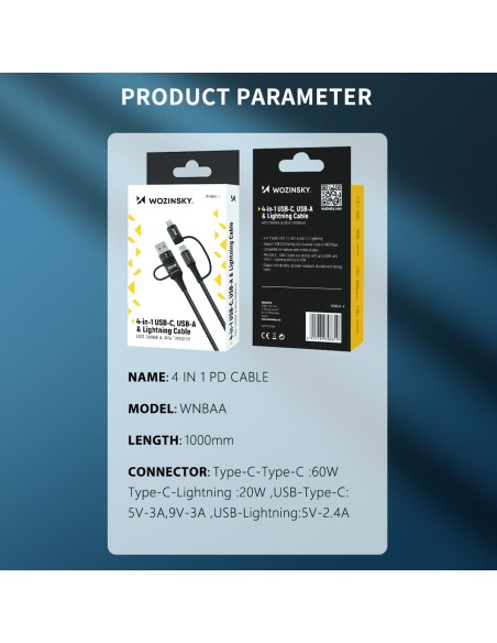 Kabel Wozinsky WNBAA 4w1 2x USB-C 1x USB-A 1x Lightning 60W 1 m - czarny Kabel Wozinsky WNBAA 4w1 2x USB-C 1x USB-A 1x Lightning 60W 1 m - czarny