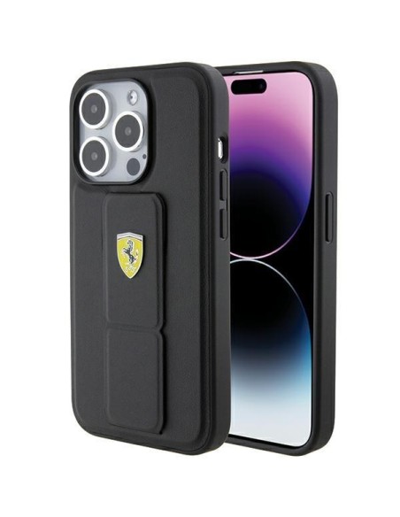Etui Ferrari Grip Stand Metal Logo na iPhone 15 Pro - czarne