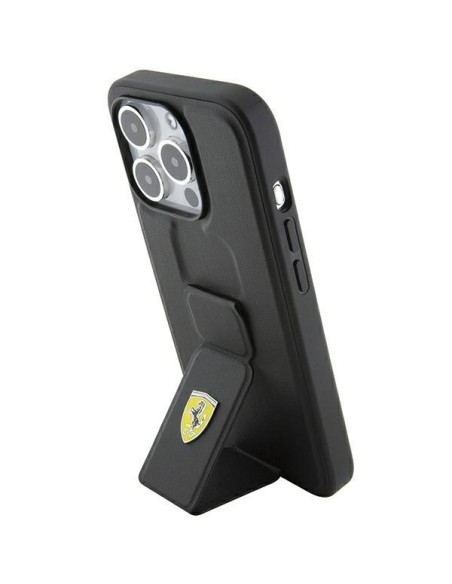 Etui Ferrari Grip Stand Metal Logo na iPhone 15 Pro - czarne